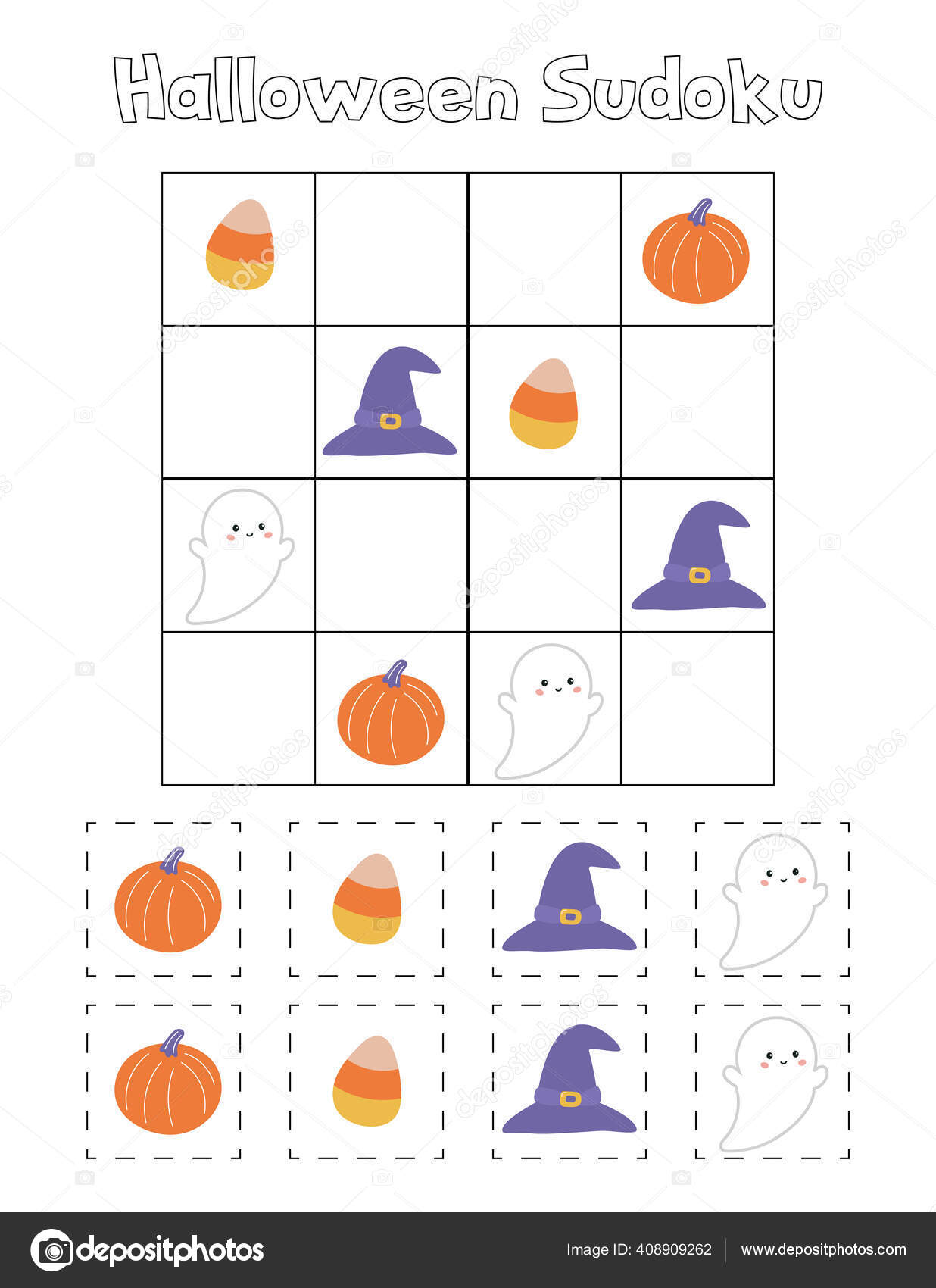 Jogo de lógica sudoku com elementos bonitos de halloween.