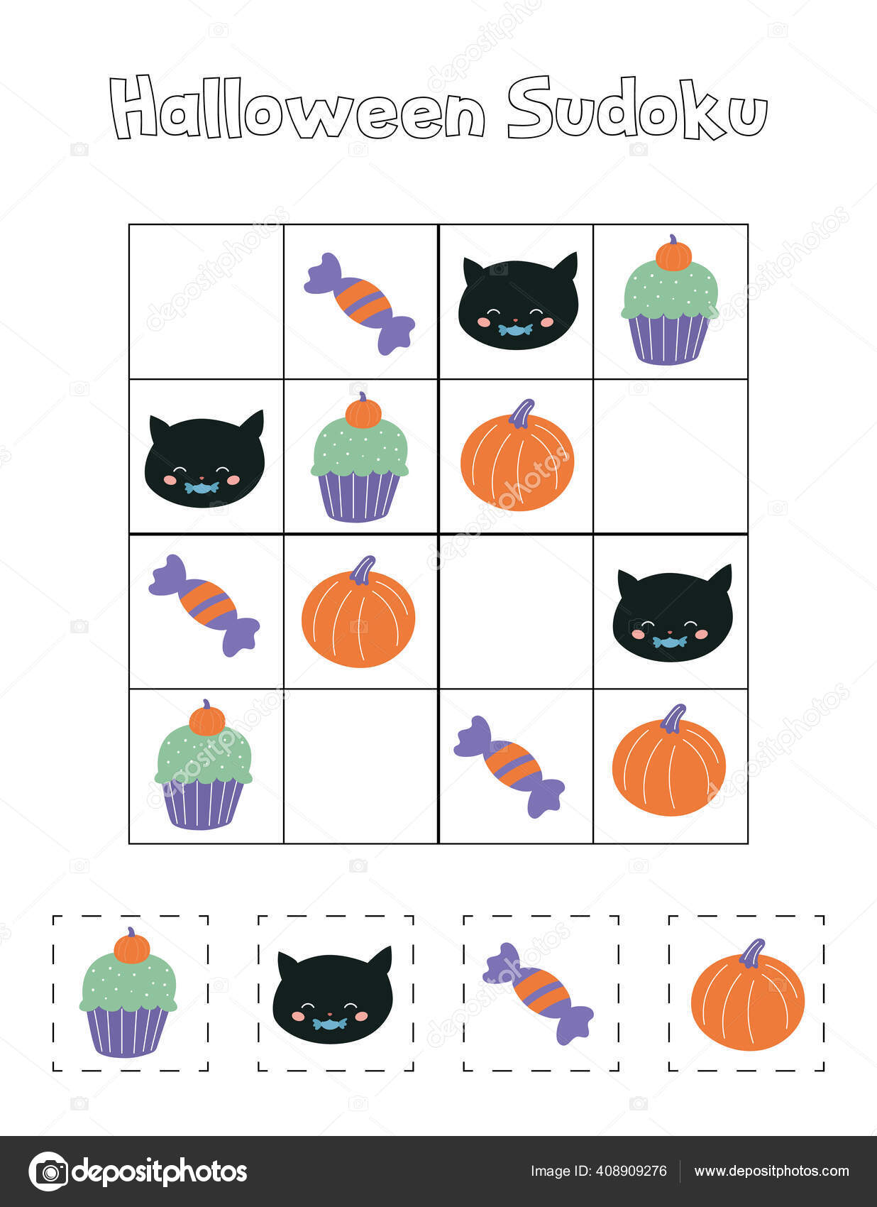 Gioco di sudoku per bambini con simpatiche immagini di halloween in bianco e  nero