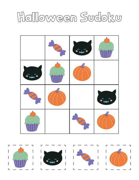 Juego Sudoku Halloween Para Niños Preescolares Lindo Gato Negro Kawaii — Vector de stock