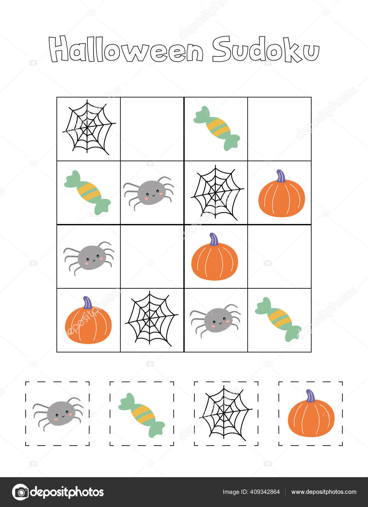 Gioco di sudoku per bambini con simpatiche immagini di halloween in bianco e  nero