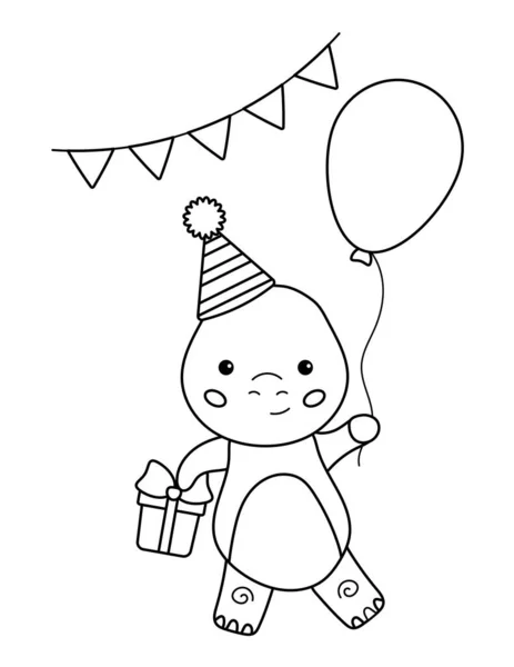 Página Para Colorear Cumpleaños Para Niños Dinosaurio Kawaii Lindo Con — Vector de stock