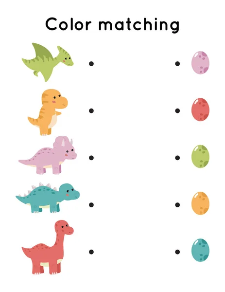 Educativo juego de combinación de colores. Hoja de trabajo imprimible para niños preescolares. Combina dinosaurio con huevos. Aprender colores. — Vector de stock