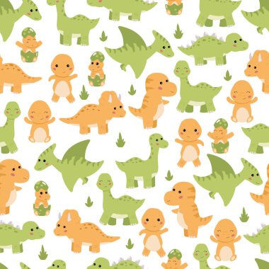 Diplodocus, Tyrannosaurus Rex, Stegosaurus ve Pterodactyl gibi sevimli dinazorlarla çocuksu, kusursuz desenler. Kawaii karakterleri. Yumurtadaki bebek dinozor..