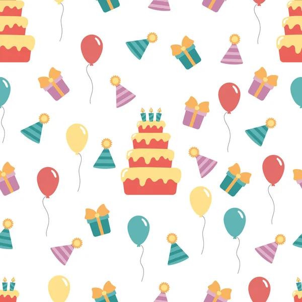 Festa de aniversário sem costura padrão com bolos, balões e presentes. Ilustração em estilo desenho animado vetorial. —  Vetores de Stock