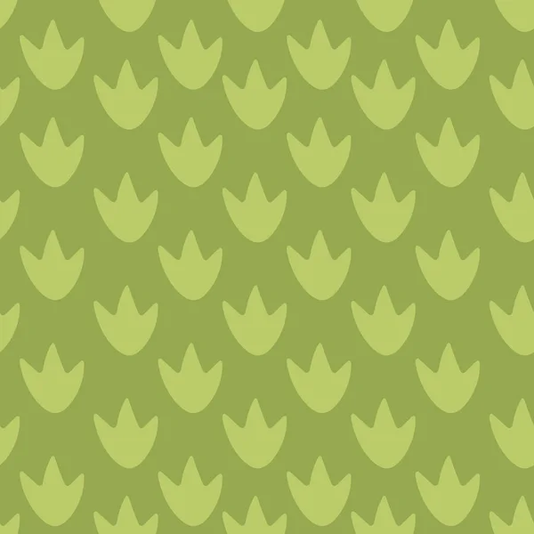 Fußabdruck der Dinosaurier auf grünem Hintergrund. Einfache Vektorillustration. Nahtloses Muster ideal für Druck auf Stoffen, Tapeten, Scrapbooking und Kinderzimmer. — Stockvektor
