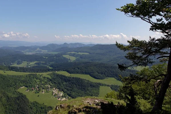 Panorama from viewpoint above valley with tree and village