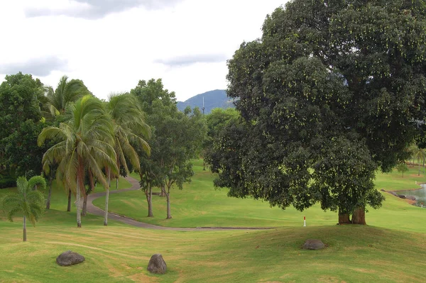 Batangas June Lapangan Golf Dengan Pepohonan Dan Gunung Gunung Malarayat — Stok Foto