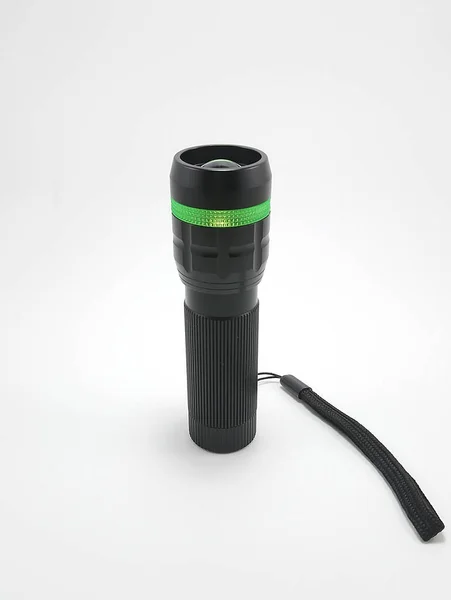 Black Portable Light Emitting Diode Battery Operated Flashlight Hand Strap — Stock Photo, Image