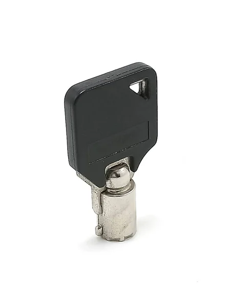 Μικρή Μαύρη Σωληνωτή Χρήση Κλειδιού Για Κλειδώσει Και Ξεκλειδώσει Κλειδαρότρυπα — Φωτογραφία Αρχείου