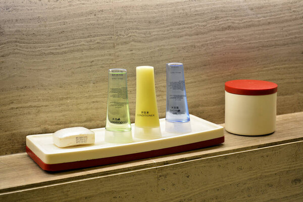 PASIG, PH - JAN 19 - Marco Polo hotel toiletries like shampoo, shower gel, conditioner, and soap on January 19, 2019 in Pasig, Philippines.