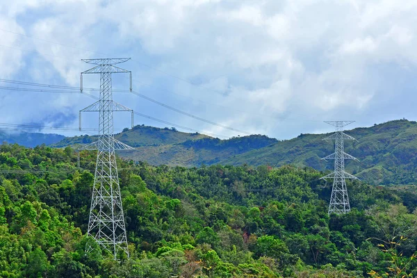 Tall high electric tower and power lines in Rizal, Philippines