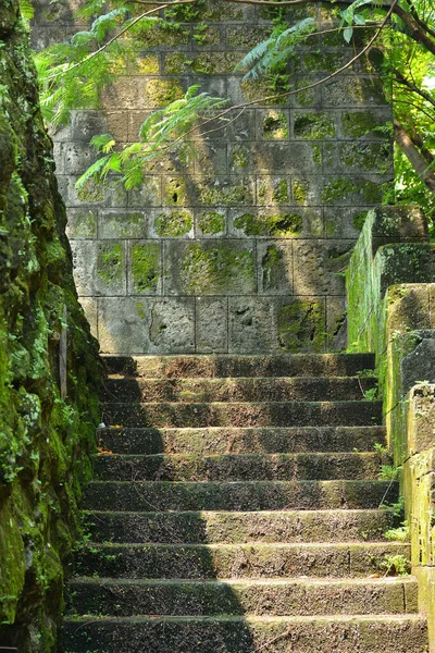 Outdoor stairs made from bricks with algae during Spanish era in the Philippines