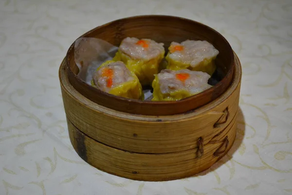 Stoom Varkensvlees Garnalen Siomai Food Menu Serveren Het Chinese Restaurant — Stockfoto