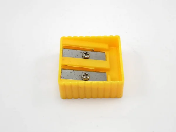 Afiador Lápis Madeira Escola Fornecimento Plástico Amarelo Uso Para Afiar — Fotografia de Stock