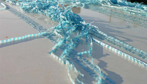 Fragments Old Blue Polyethylene Tarpaulin Lie Randomly Metal Surface Wind — Stock Photo, Image