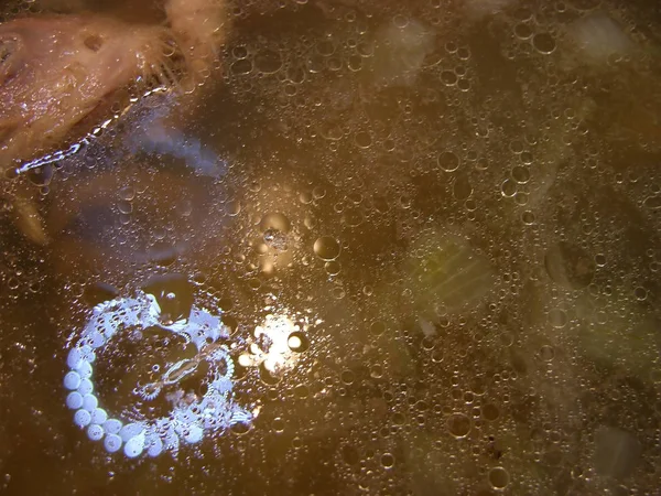 Mavi ışık kaynaklarından yağ ve parlama damlaları ile tavuk başları suyu. Tavuk Beyaz Walkers, kış (alegorik) yakındır. Makro. farklı parçalar üzerinde sığ odak. 