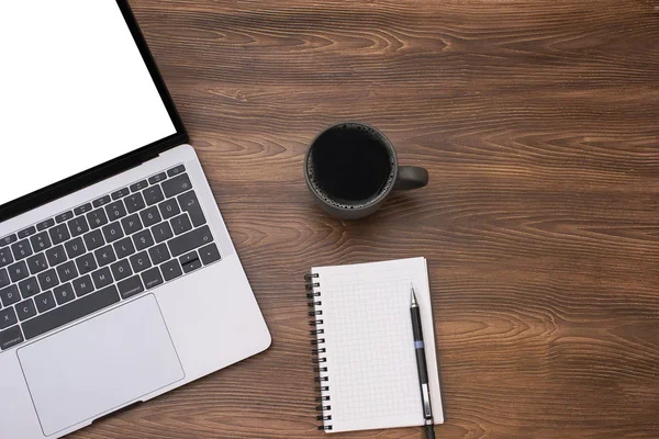 Top view workspace mockup, blank screen laptop, coffee mug, note