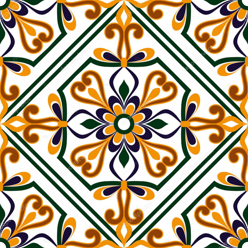 beautiful colorful ornament on Italian tile, seamless pattern