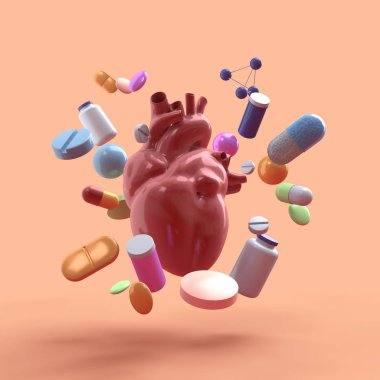 Bej arka planda uyuşturucu ile uçan kalp.-3d render