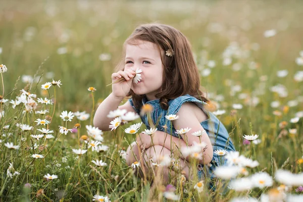 笑顔の赤ちゃんの女の子2 3歳の香りの花の牧草地の屋外に座っている 夏のシーズン 子供の頃 幸せよ 休み時間だ 選択的焦点 — ストック写真