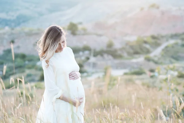 Beautiful Pregnant Woman Year Old Wearing White Dress Posing Meadow — Stock Photo, Image