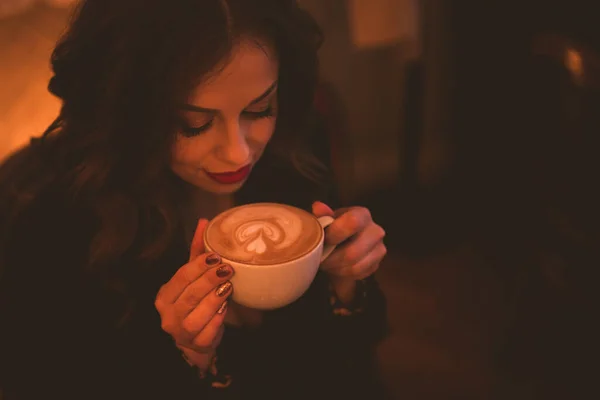 Woman Drinking Fresh Coffee Sitting Cafe Night Dark Closeup Good — Stock Photo, Image
