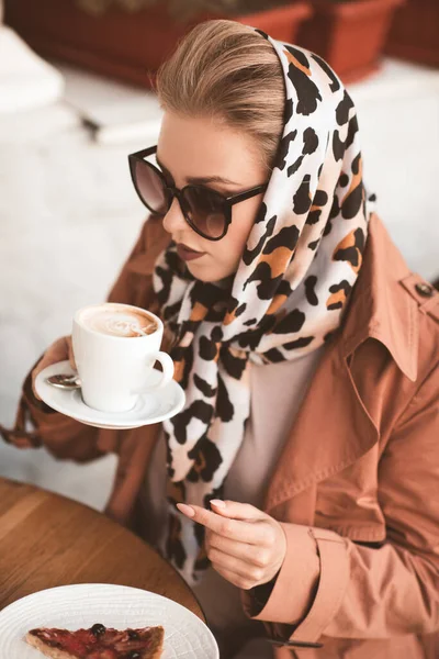 Beautiful Woman Year Old Drinking Coffee Cafe Wearing Stylish Jacket — Stock Photo, Image