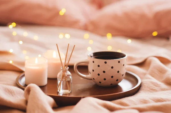 Cup Coffee Home Aroma Stickes Burning Candles Bed Closeup Glowing — Stock Photo, Image