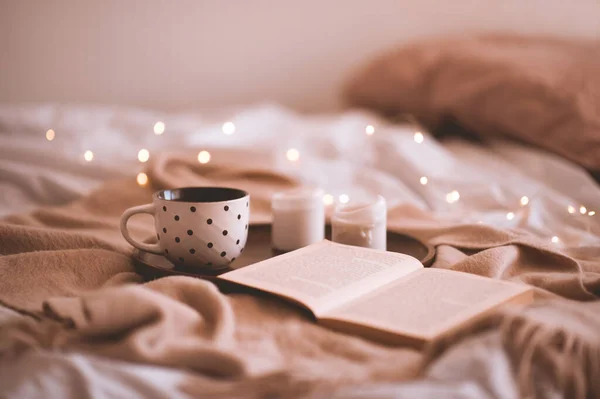 Cup Coffee Open Book Candles Bed Closeup Autumn Season Good — Stock Photo, Image