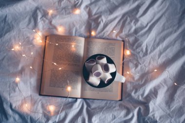 Parlayan ışıkların üzerinde bir fincan kahvenin olduğu açık bir kitap. Üst Manzara. Sonbahar mevsimi. 