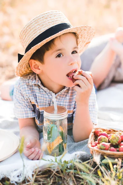 Kid Boy Year Old Eating Strawberry Outdoors Closeup Healthy Lifestyle — Stock Photo, Image