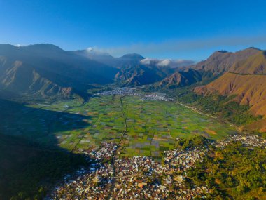 Güzel pirinç tarlaları Sembalun Köyleri 'nin üzerinde sabah güneşiyle Lombok adasının üzerinde uçuyor. Yeşil alan ve Panorama Tepesi