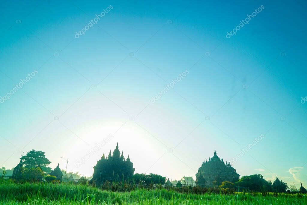 Plaosan Temple reflextion in the rice field, is a located near of Prambanan Temple with view young rice plant in the morning