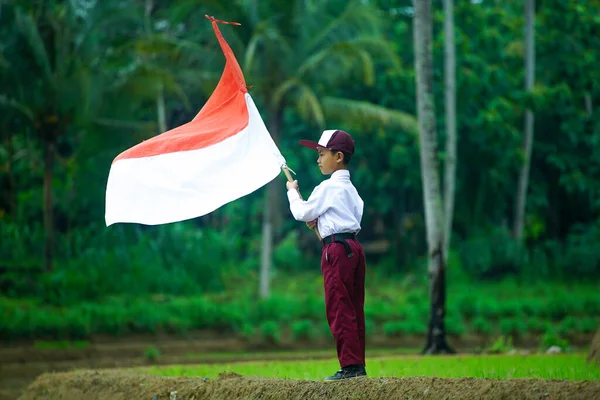 Bali Indonézia Augusztus 2020 Student Flapper Indonéz Zászló Indonézia Függetlenségi — Stock Fotó