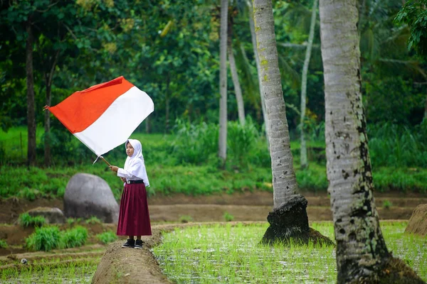 Bali Indonézia Augusztus 2020 Student Flapper Indonéz Zászló Indonézia Függetlenségi — Stock Fotó