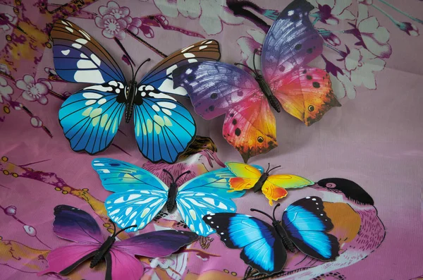Multicolored Decorative Butterflies Purple Background — Stock Photo, Image
