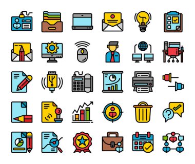 İş, ofis düz çizgi simgeleri ayarlandı