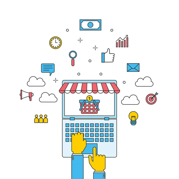 Επαγγελματικό μάρκετινγκ στο διαδίκτυο, online κατάστημα αγορών — Διανυσματικό Αρχείο