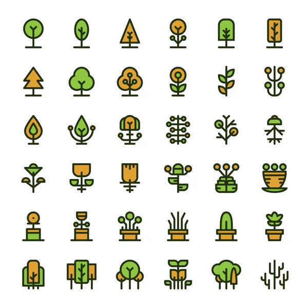 Bäume Und Pflanzen Flache Linie Symbole Gesetzt — Stockvektor