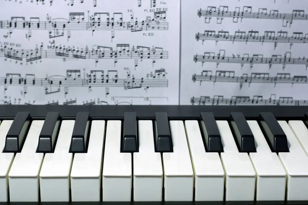 Music keyboard with pages with music notes close up view, selective focus