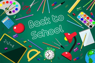 Yeşil arka plandaki okul malzemeleri metniniz için hazır. Okul konseptine geri dön.