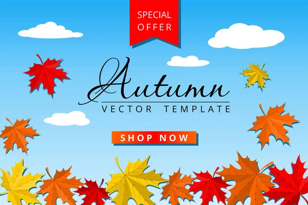 Autumn Sale Special Offer Web Banner Template Blue Sky Clouds — Stock Vector