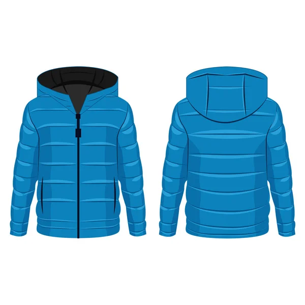 Bambino Blu Inverno Giù Giacca Con Zip Con Cappuccio Vettore — Vettoriale Stock