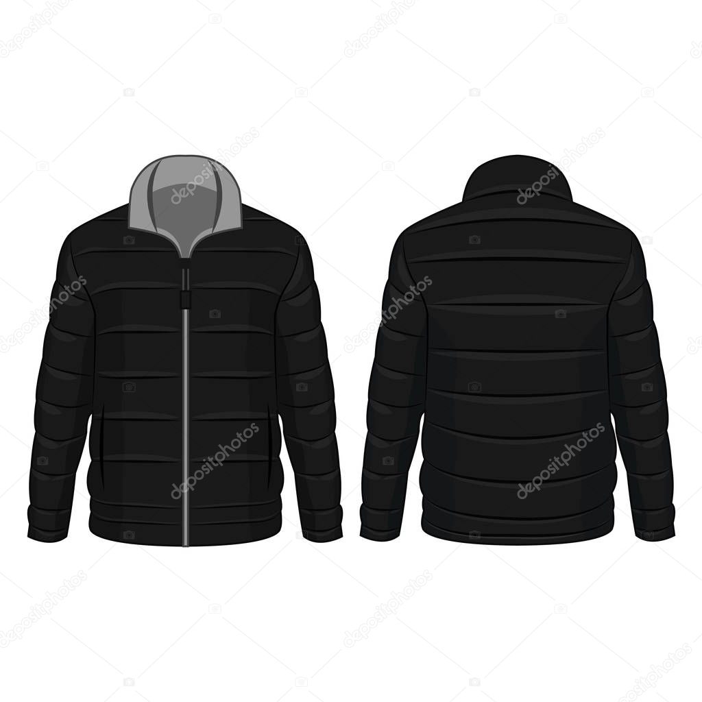 Black and grey winter zipped down jacket isolated vector on the white background