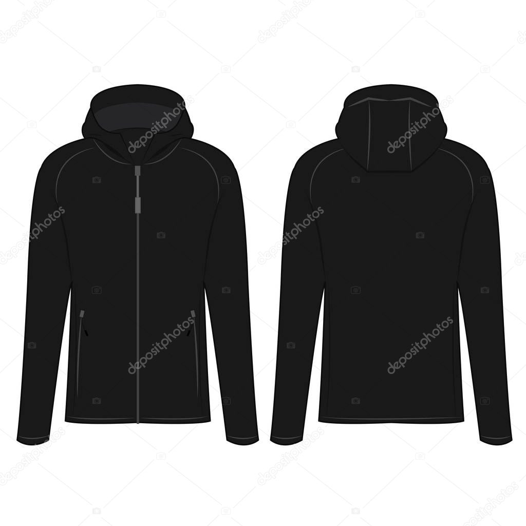 Black sport zipped jacket with hood isolated vector on the white background
