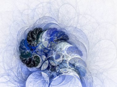 Beyaz arka planda karda soyut fraktal ağaçlar, bilgisayar tarafından oluşturulan görüntü. Ağaçların üzerinde kar fırtınası dolaşıyor