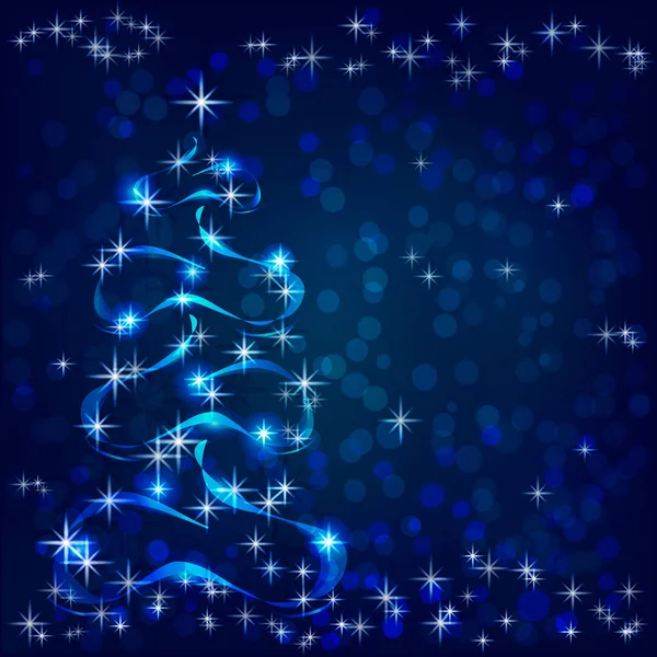 Een lichtgevende kerstboom is gelegen op een donkerblauwe achtergrond met hoogtepunten — Stockvector