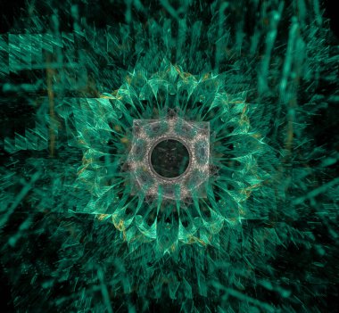 Kırık çizgileri olan siyah bir arka planda soyut yeşil çiçek. Çiçek yaprakları işaretlidir. Merkezde bir örüntü çemberi var. 3 boyutlu görüntüleme. 3B illüstrasyon.