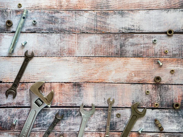 Tools Threaded Connections Fasteners Wrenches Bolts Nuts Wooden Boards Space — Stock Photo, Image