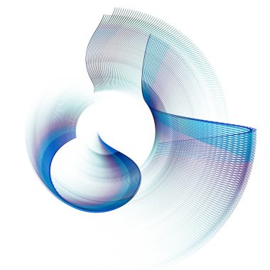 Renkli düz yüzeyler kıvrılmış ve dönüyor. Soyut grafik tasarım ögesi beyaz arkaplanda izole edildi. Teknik sembol ya da logo. 3 boyutlu görüntüleme. 3B illüstrasyon.